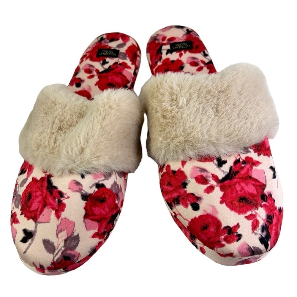 VS Victoria Secret Signature Satin Pink White Floral Beige Fur Slippers Large